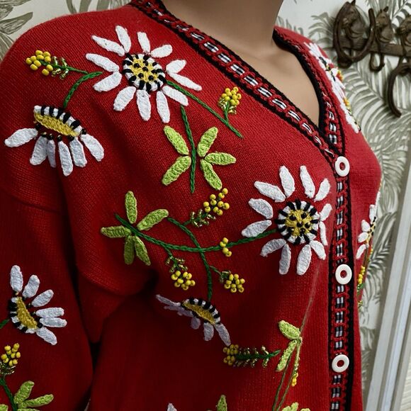 Design Option Philip Jane Gordon Vtg  L Daisy Beaded Cardigan Ribbon Floral 3D - Picture 5 of 16